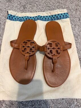 Tory Burch Brown Leather Logo Thong Sandals